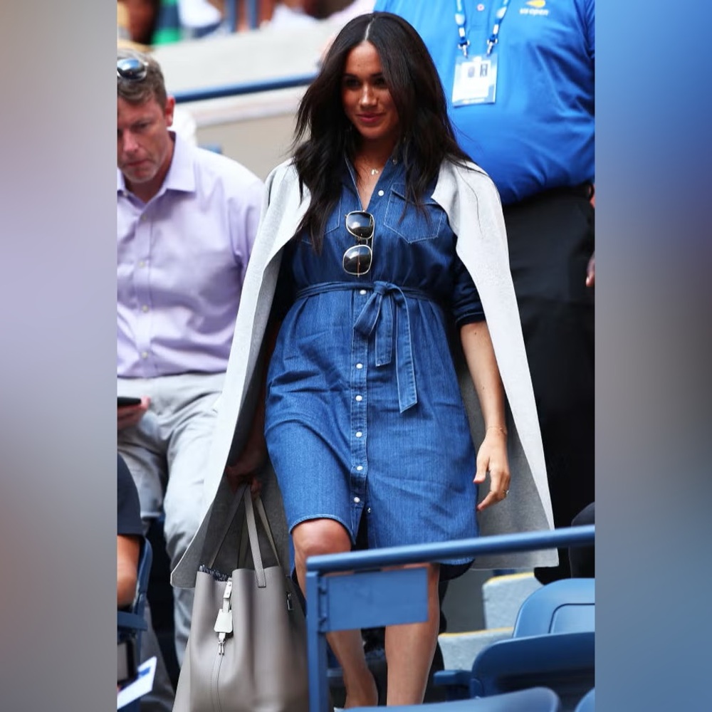 ASO Duchess of Sussex J Crew Western Blue Denim Shirt Dress Pearl Button Snaps